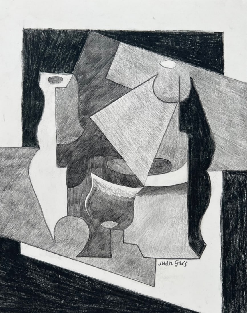 Juan Gris after Spanish Cubism charcoal pencil on paper still life: Charcoal, pencil on paper, drawing. From a private collection. 7,9 x 10 in. (20,3 x 25,5 cm). Juan Gris (1887-1927, Spanish). It is being sold in the manner or style of the artist. Depicts a still lif