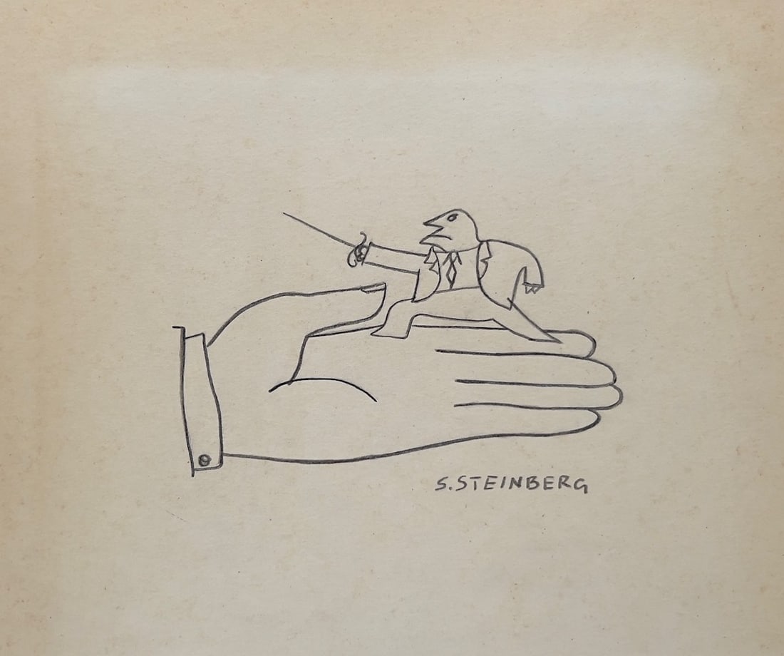 Drawing Saul Steinberg after Romanian American cartoon style male fencer: Drawing on paper. From a private collection. 7,3 x 8,5 in. (18,5 x 21,7 cm). Saul Steinberg (1914-1999, Romanian - American). It is being sold in the manner or style of the artist. Depicts a man's han