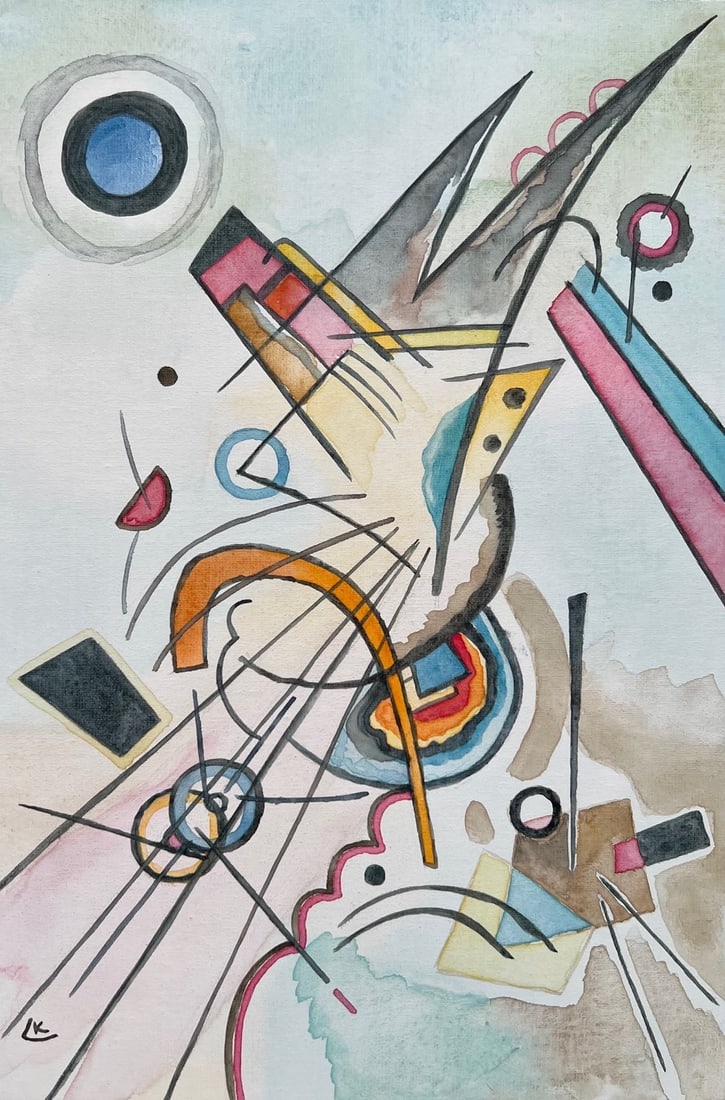 Wassily Kandinsky style of Russian Abstract watercolor on canvas on cardboard: Watercolor on canvas on cardboard, painting. From a private collection. 7,7 x 11,7 in. (19,6 x 29,6 cm). Wassily Kandinsky (1866-1944, Russian). It is being sold in the manner or style of the artist.
