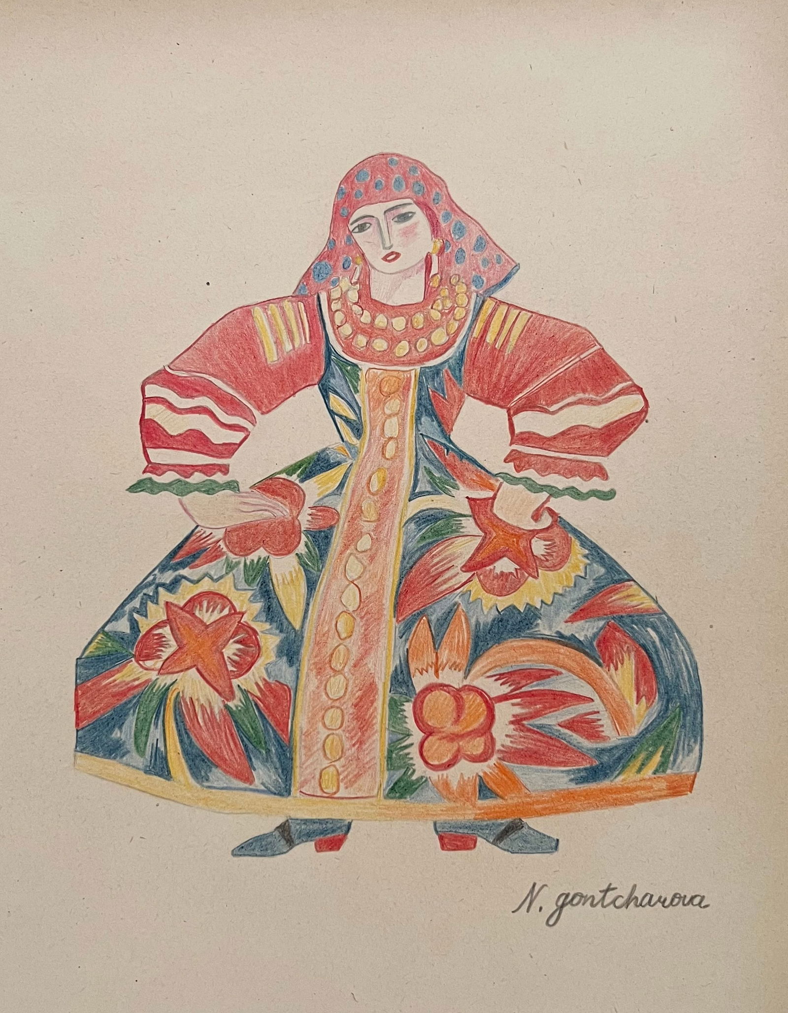Drawing on paper Natalia Goncharova after Russian French costume sketch folk: Drawing, pencil on paper. From a private collection. 7,8 x 10 in. (19,9 x 25,5 cm). Natalia Sergeevna Goncharova (1881-1962, Russian). It is being sold in the manner or style of the artist. The drawin