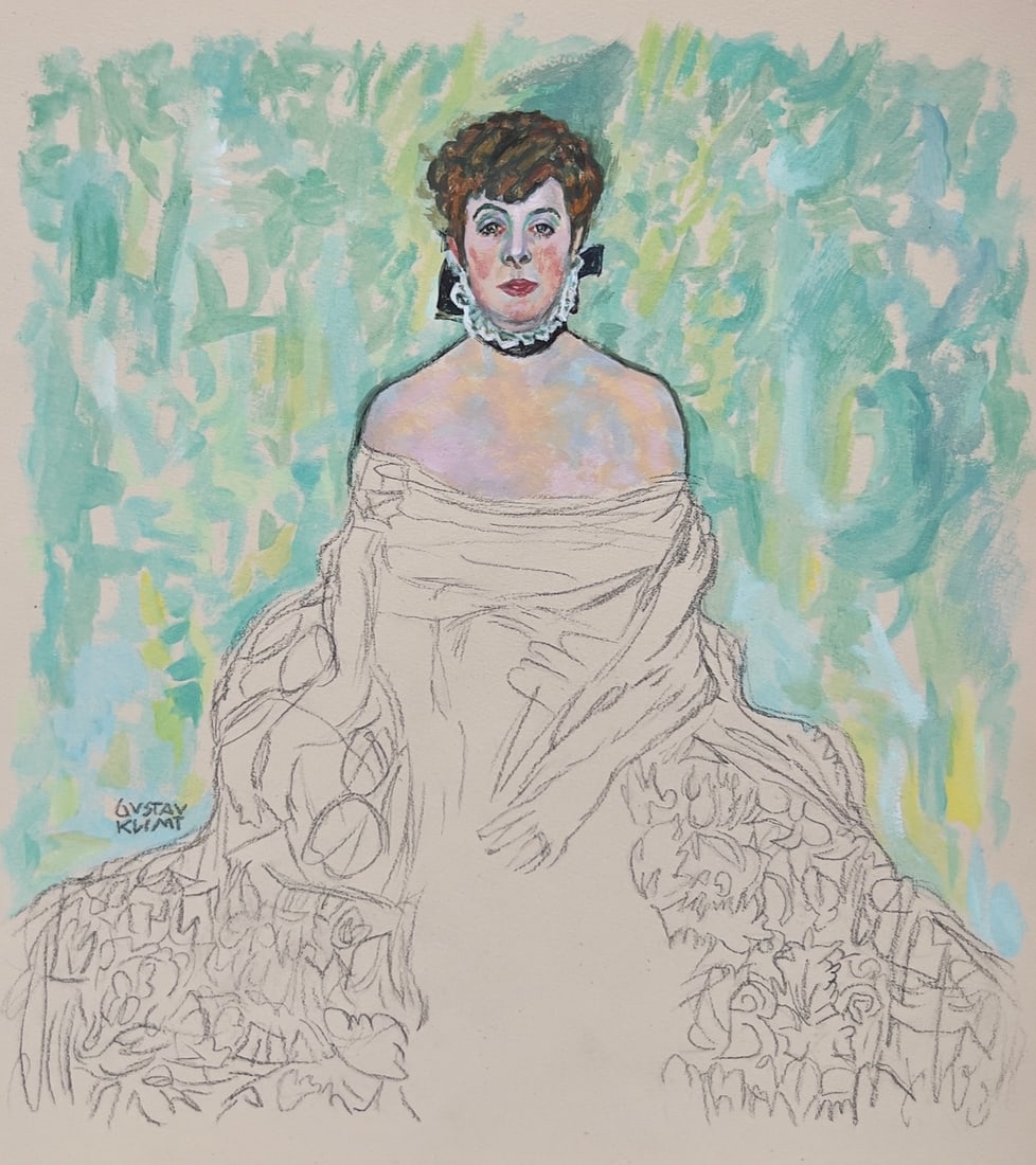 Mixed media on paper Gustav Klimt after Austrian Modernist woman portrait: Mixed media on paper, painting. 8,3 x 9,5 in. (21,1 x 24,1 cm). From a private collection. Gustav Klimt (1862-1918, Austrian). It is being sold in the manner or style of the artist. Composition with a