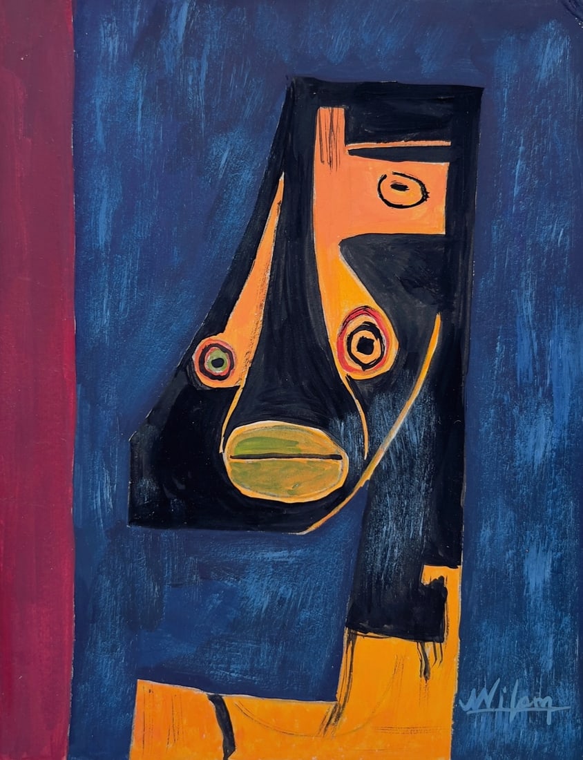 Wifredo Lam style of Cuban Cubist gouache on paper female portrait: Gouache on paper, painting. From a private collection. 5,9 x 7,6 in. (15 x 19,4 cm). Wifredo Lam (1902-1982, Cuban). It is being sold in the manner or style of the artist. The composition with a femal