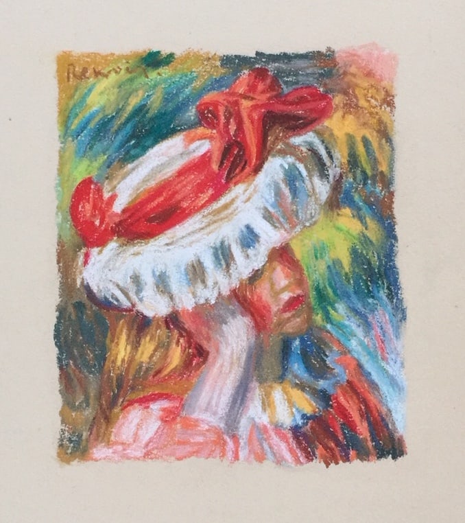 Painting pastel on paper Pierre-Auguste Renoir after French Impressionism woman hat ribbon: Pastel on paper. From a private collection. 8,4 x 11,7 in. (21,3 x 29,7 cm). Pierre-Auguste Renoir (1841-1919, French). It is being sold in the manner or style of the artist. Depicts a portrait of wom