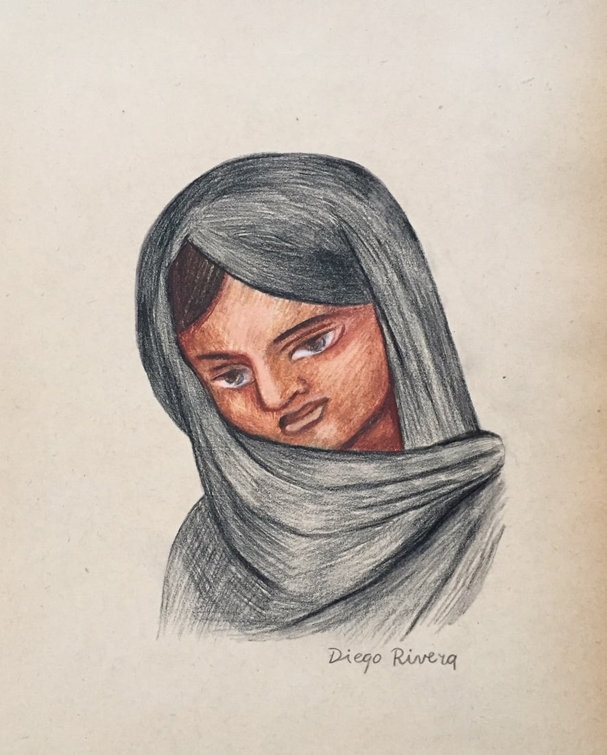 Diego Rivera style of mixed media on paper Mexican art (1 of 2)