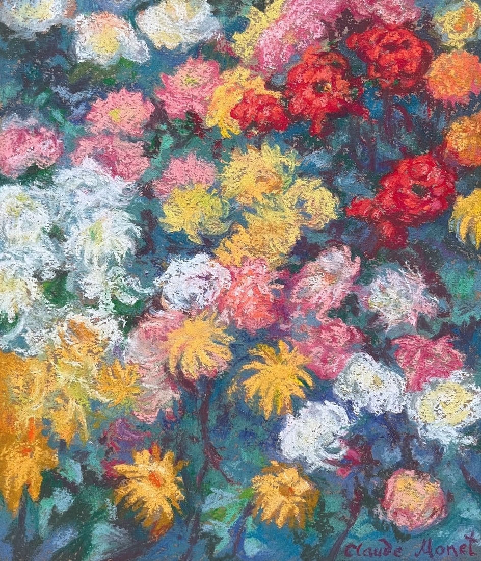 Pastel painting Claude Monet after French Impressionist flowers: Pastel on paper. From a private collection. 9,1 x 10,4 in. (23 x 26,5 cm). Claude Monet (1840-1926, French). It is being sold in the manner or style of the artist. Depicts chrysanthemum flowers.