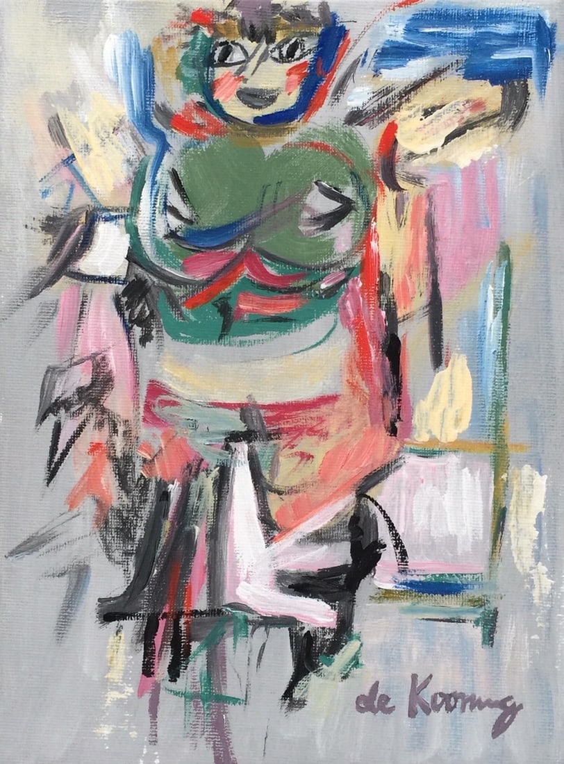 Willem de Kooning after Dutch Abstract Expressionist oil on c/b on canvas: Oil on cardboard on canvas, painting. From a private collection. 7 x 9,4 in. (17,7 x 24 cm). Willem de Kooning (1904-1997, Dutch). It is being sold in the manner or style of the artist. Featuring woma