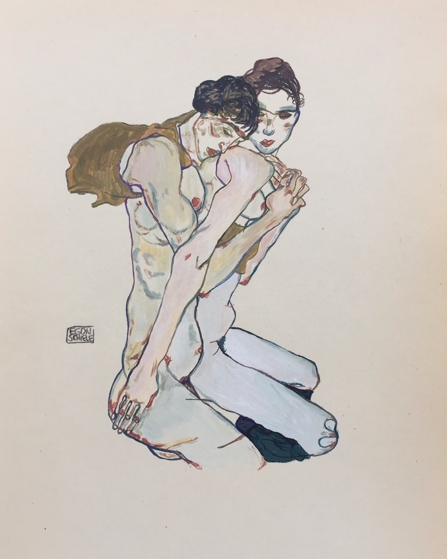 Egon Schiele after Austrian Expressionism nude couple love tempera on paper: Tempera on paper, painting. From a private collection. Egon Schiele (1890-1918, Austrian). 10,2 x 12,8 in. (26 x 32,5 cm). It is being sold in the manner or style of the artist. Depicts a couple in lo
