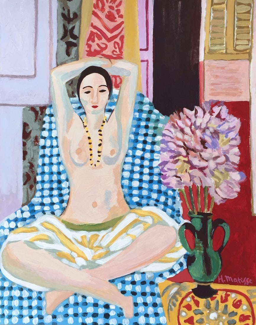 Henri Matisse after French Expressionism nude odalisque tempera painting: Tempera on paper, painting. From a private collection. 7,7 x 9,7 in. (19,5 x 24,6 cm). Henri Matisse (1869-1954, French). It is being sold in the manner or style of the artist. The painting depicts a