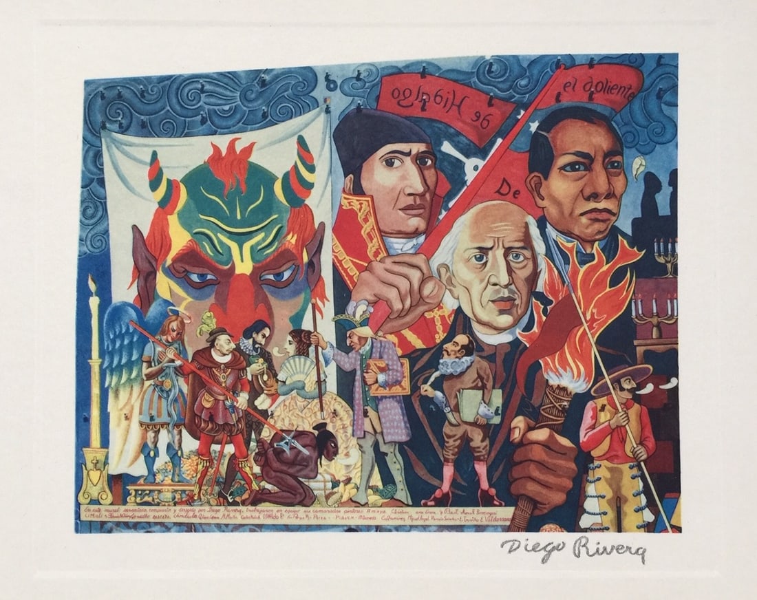 Diego Rivera vintage litho Mexican revolution scene signed lithograph print (1 of 2)