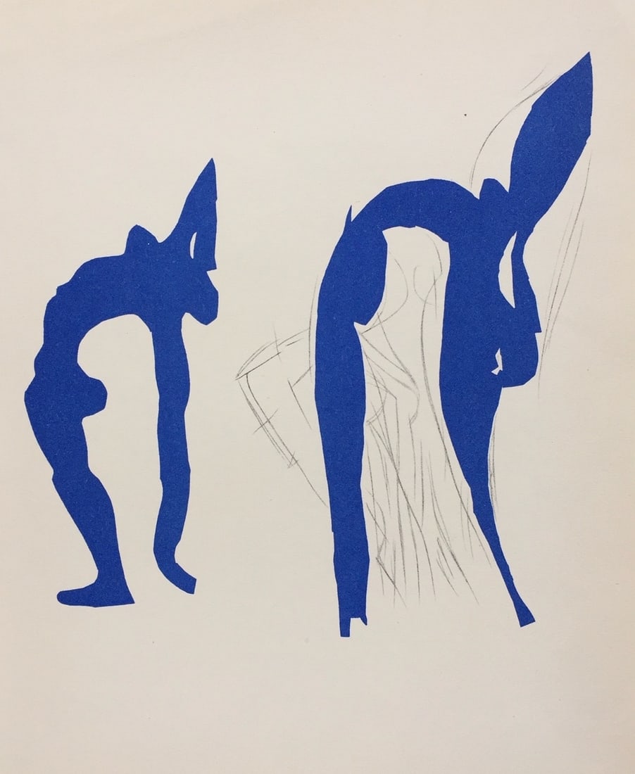 Vintage litho print Henri Matisse French Expressionism blue human figures: Vintage litho print on thin paper. From a private collection. 9,2 x 12 in. (23,5 x 30,5 cm). Henri Matisse (1869-1954, French). The print depicts a composition with body figures.
