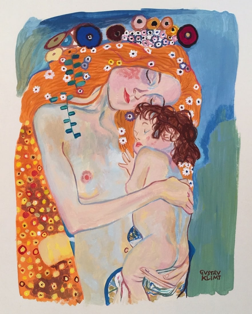 Gouache on paper Gustav Klimt after Modern Austrian maternity mother and child: Gouache on paper, painting. From a private collection. Attributed to Gustav Klimt (1862-1918, Austrian). 9,8 x 12,6 in. (25 x 32 cm). It is being sold in the manner or style of the artist. The composi