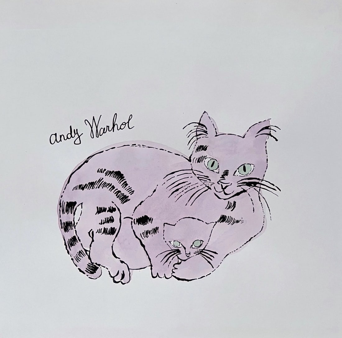 Watercolor and ink on paper Andy Warhol after American Pop Art cat drawing: Watercolor and ink on paper. From a private collection. Andy Warhol (1928-1987, American). 9,1 x 9,1 in. (23,2 x 23,2 cm). It is being sold in the manner or style of the artist. Depicts a composition