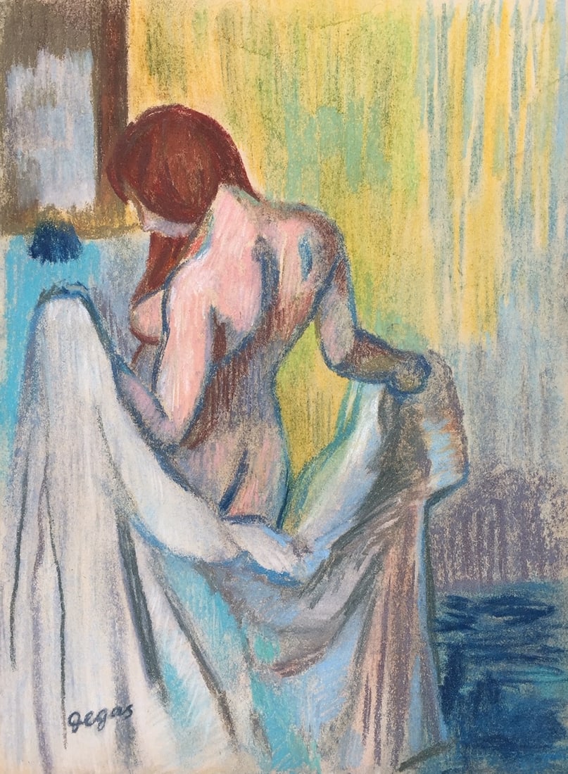 Edgar Degas after French Impressionist pastel on paper nude woman bathing: Pastel on paper, painting. From a private collection. 7,9 x 10,8 in. (20 x 27,5 cm). Edgar Degas (1834-1917, French). It is being sold in the manner or style of the artist. Featuring a composition wit