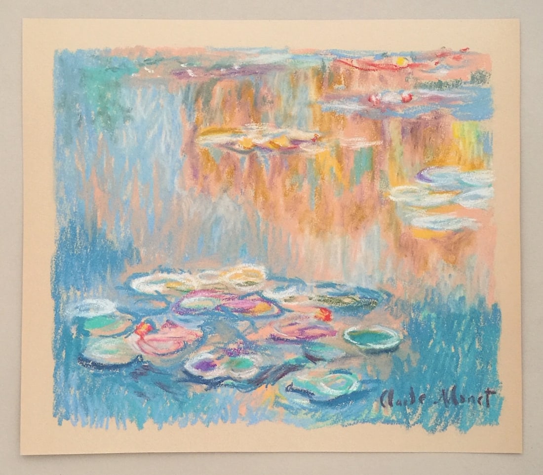 Pastel on paper Claude Monet after French Impressionism water lilies pond nature painting - 2
