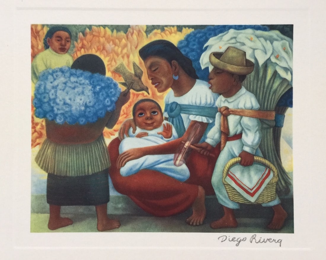 Diego Rivera vintage litho print Mexican family flower sellers (1 of 2)