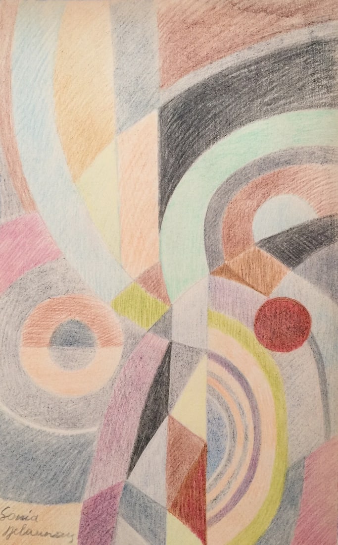 Crayon on paper Sonia Delaunay style of French Ukrainian Abstract circles geometric objects (1 of 2)