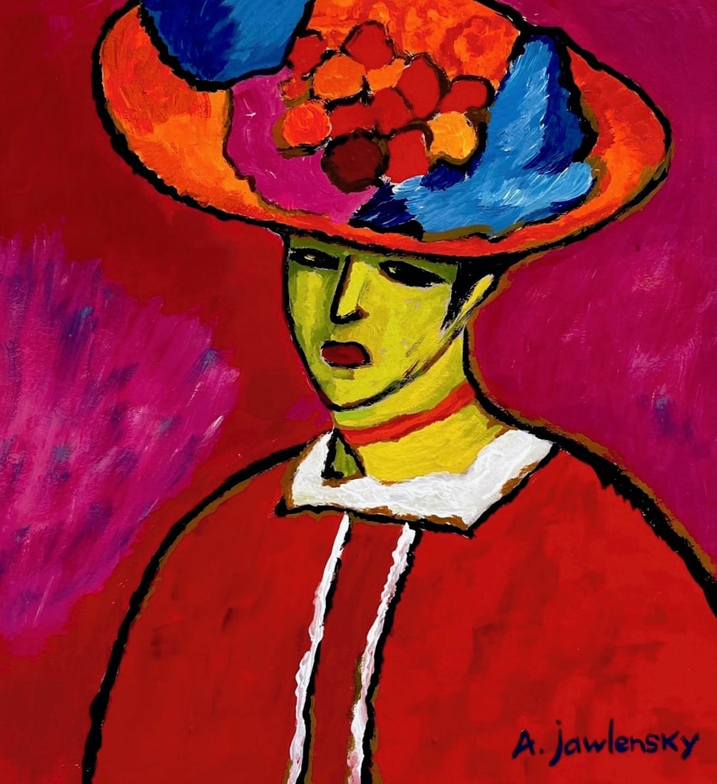 Oil on cardboard painting Alexej von Jawlensky after Russian Expressionism woman portrait: Oil on cardboard, painting. From a private collection. 8,7 x 9,4 in. (22 x 24 cm). Alexej von Jawlensky (1864-1941, Russian). It is being sold in the manner or style of the artist. Depicts a colorful