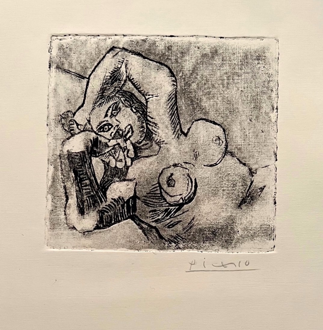 Linocut etching on paper Spanish Pablo Picasso nude woman Cubism portrait print: Linocut etching on paper. From a private collection. 8,3 x 11,7 in. (21x 29,7 cm). Pablo Picasso (1881-1973, Spanish). It is being sold in the manner or style of the artist. Featuring a portrait of a