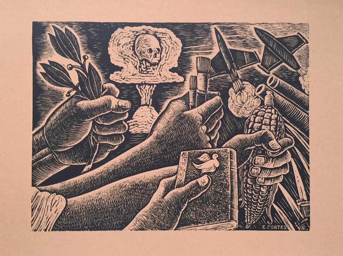 Erasto Cortes Mexican vintage litho print humanity peace and war (1 of 3)