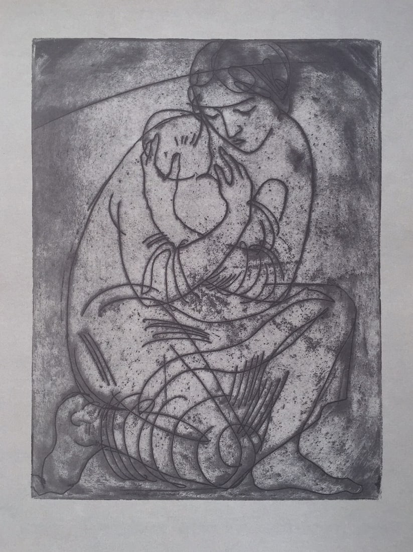 Karl Raszler Hungarian vintage litho print on paper mother child (1 of 3)
