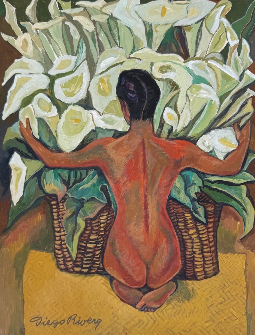 Diego Rivera after Mexican painting woman calla lilies 1886-1957: Gouache on thin cardboard, painting. From a private collection. 7 x 9,1 in. (17,7 x 23 cm). Diego Rivera (1886-1957, Mexican). Depicts a Mexican woman nude woman with calla lilies.