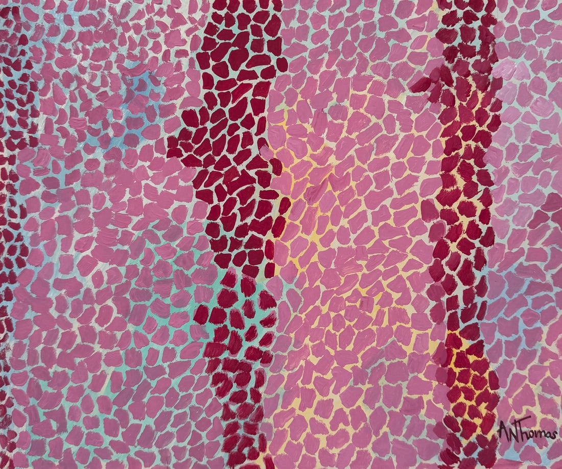 Alma Thomas after African Abstract painting 1891-1978 mosaic: Tempera on paper, painting. From a private collection. 9 x 10,8 in (22,8 x 27,4 cm). Alma Woodsey Thomas (1891-1978, African-American). It is being sold in the manner or style of the artist. Featuring