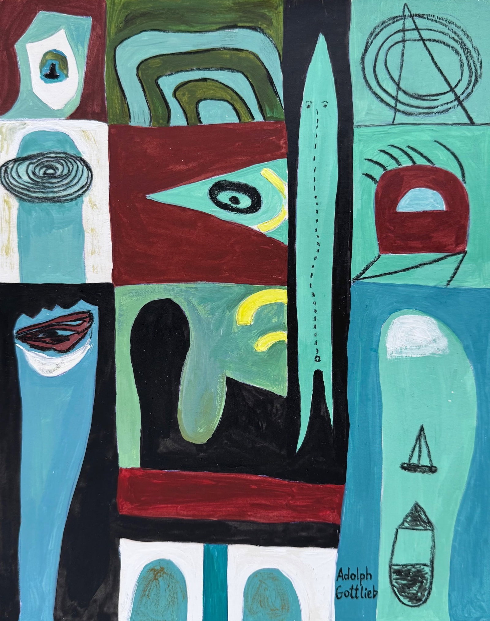 Adolph Gottlieb after American Abstr Expressionist mixed media: Mixed media on paper, painting. From a private collection. 7,9 x 10 in. (20 x 25,5 cm). Adolph Gottlieb (1903-1974, American). It is being sold in the manner or style of the artist. Depicts an abstrac