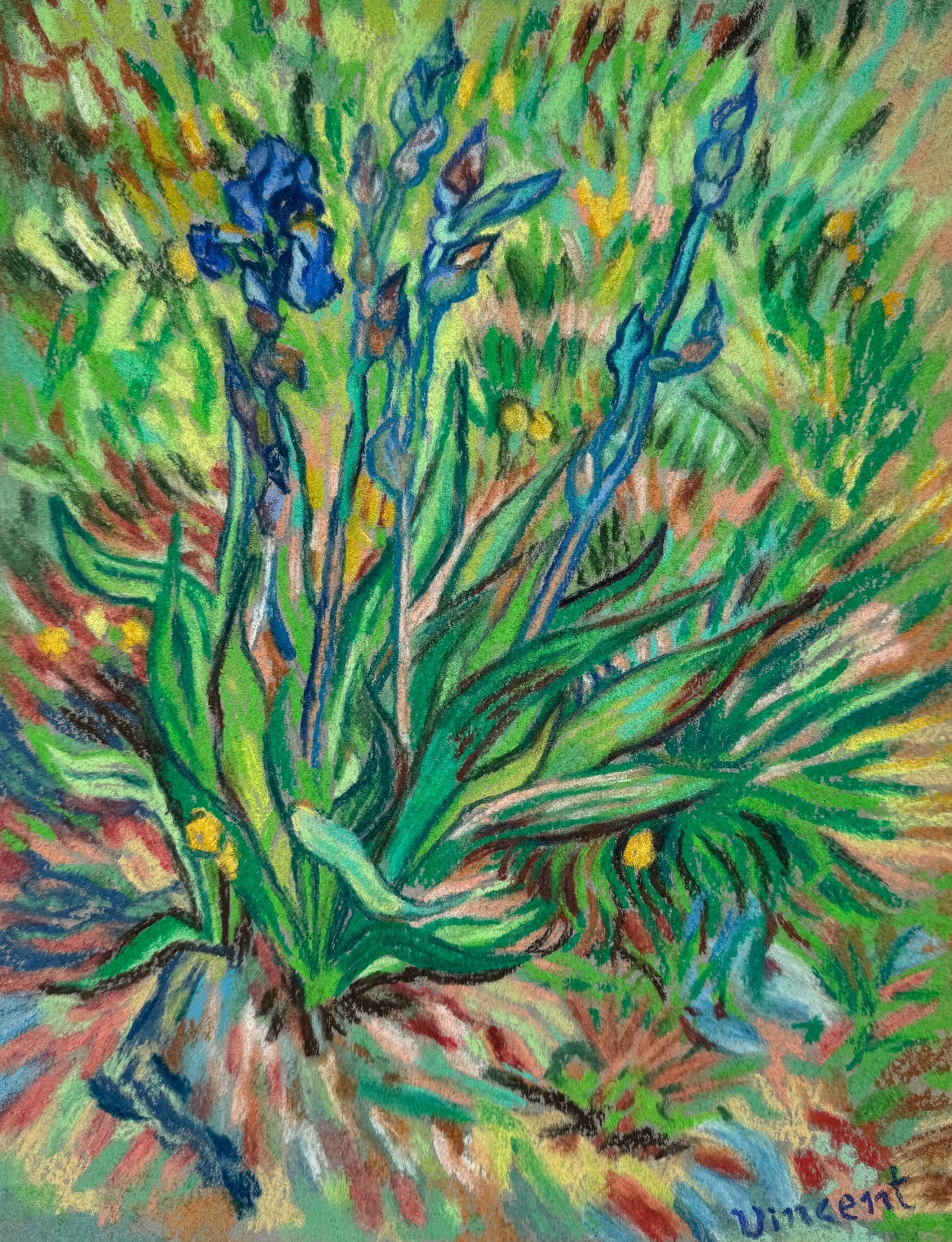 Pastel painting Vincent van Gogh after Dutch Post-Impressionist irises: Pastel on paper, painting. From a private collection. 9,1 x 11,7 in. (23,2 x 29,7 cm). Vincent Willem van Gogh (1853-1890, Dutch). It is being sold in the manner or style of the artist. The painting d