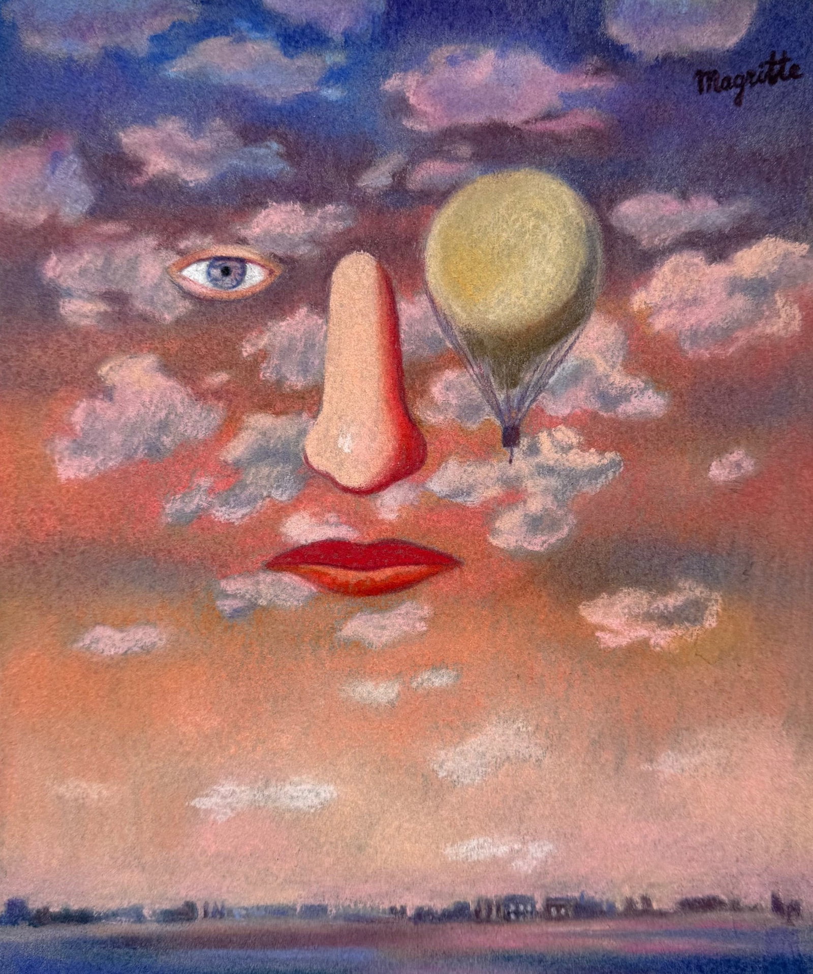 Rene Magritte pastel painting after Belgian Surrealist face sky: Pastel on paper, painting. From a private collection. 8,9 x 10,5 in. (22,6 x 26,7 cm). Rene Magritte (1898-1967, Belgian). It is being sold in the manner or style of the artist. Depicts a surreal comp