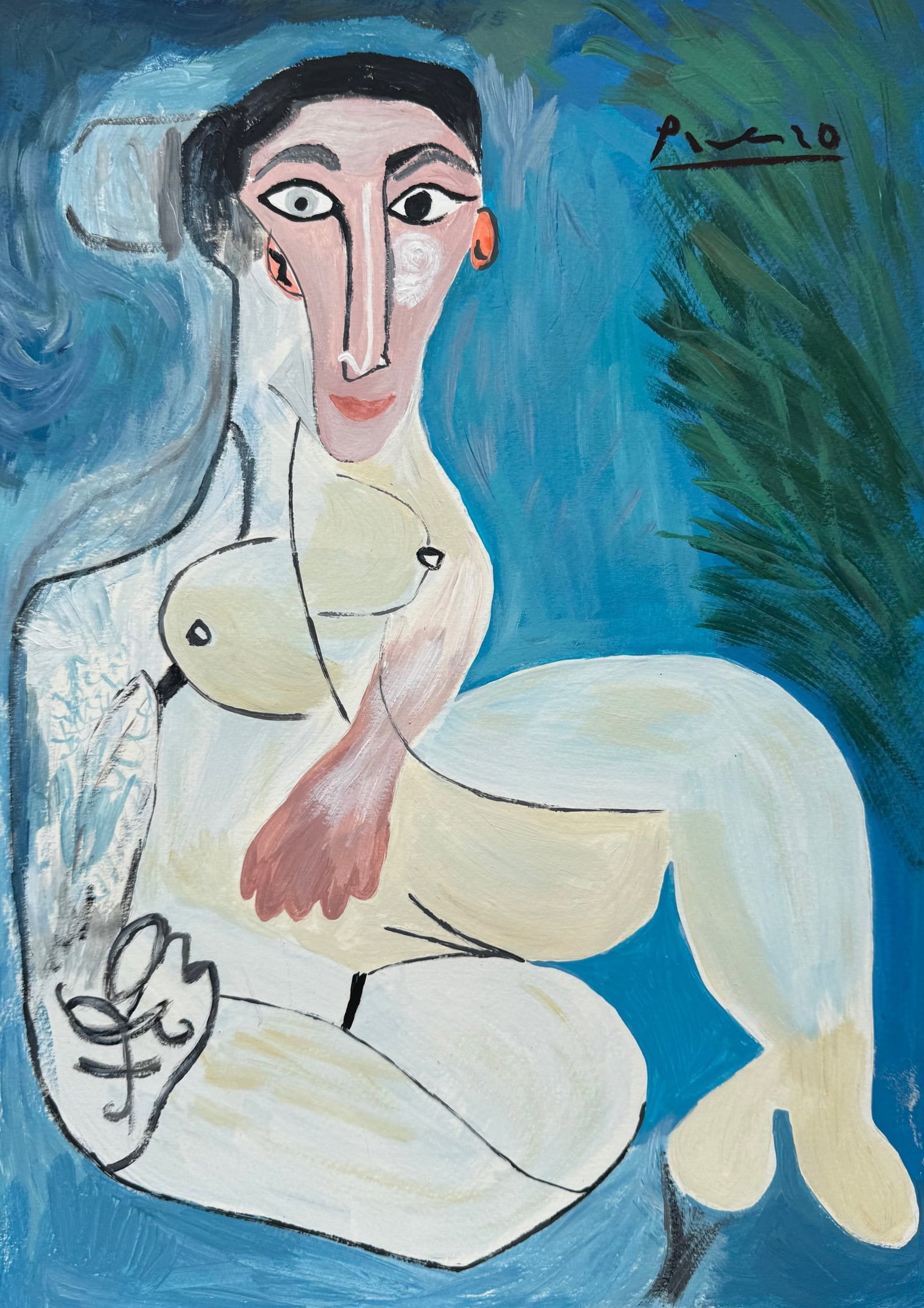 Pablo Picasso after Spanish Cubist painting on paper: Tempera on paper, painting. 8,9 x 12,8 in. (29,6 x 41,5 cm). Pablo Picasso (1881-1973, Spanish). It is being sold in the manner or style of the artist. The painting depicts a female portrait. Pablo Pi