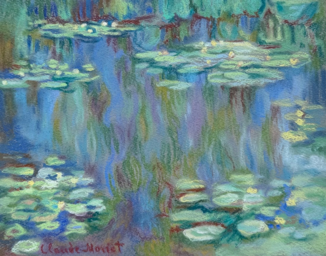 Claude Monet after French Impressionism pastel water lilies: Pastel on paper, painting. From a private collection. 8,5 x 10,9 in. (21,7 x 27,7 cm). Claude Monet (1840-1926, French). It is being sold in the manner or style of the artist. Depicts a landscape with