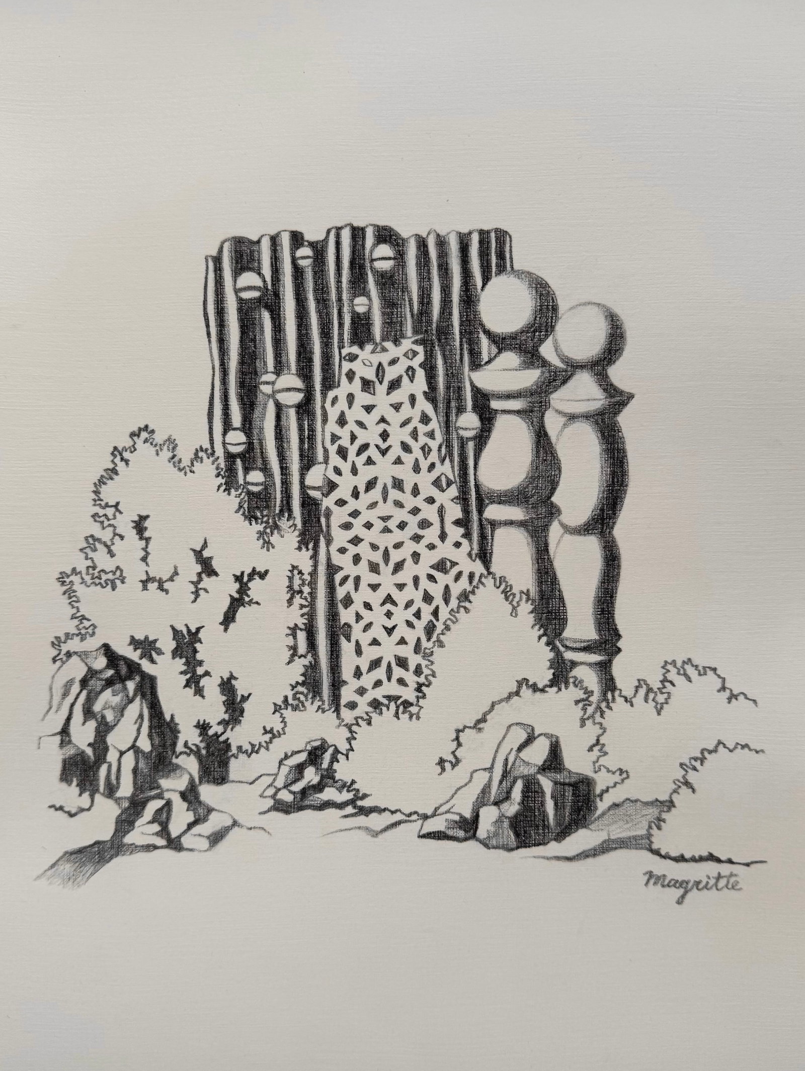 Rene Magritte charcoal drawing after Belgian Surrealist: Charcoal on paper, drawing. From a private collection. 8,9 x 11,7 in. (22,6 x 29,7 cm). Rene Magritte (1898-1967, Belgian). It is being sold in the manner or style of the artist. Depicts a surreal com