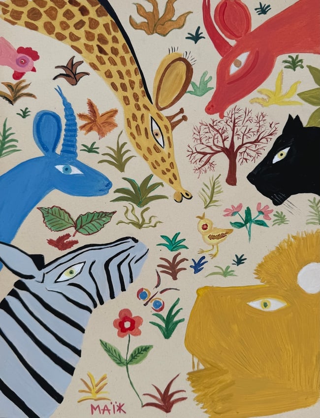 Naive painting on paper Henri Hecht Maik after French Primitivism animals: Painting on paper. From a private collection. 8,1 x 10,4 in. (20,5 x 26,5 cm). Henri Hecht Maik (1922-1993, French). It is being sold in the manner or style of the artist. Depicts a lion, a giraffe, a