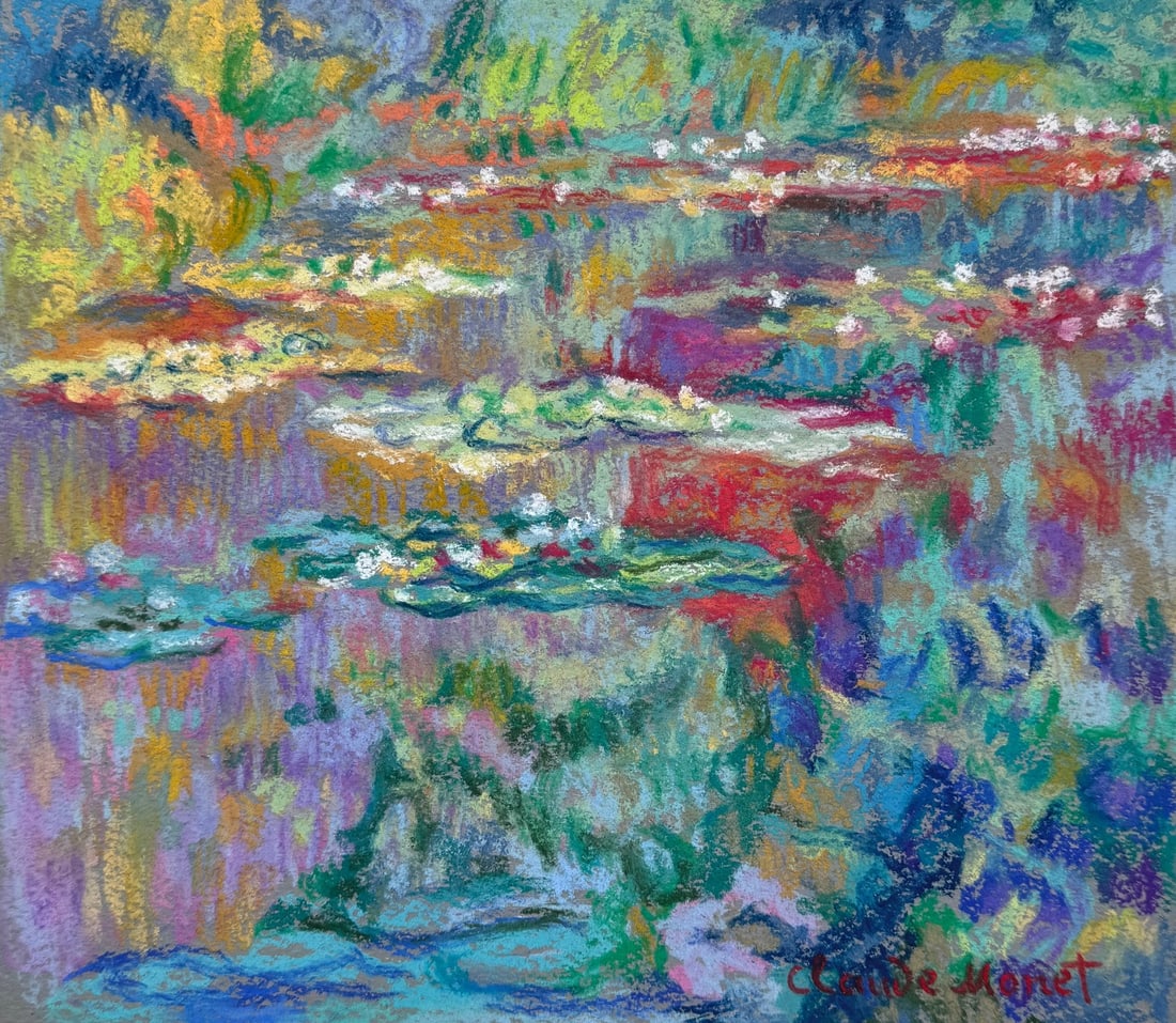 Claude Monet after French Impressionism pastel painting water lilies: Pastel on paper, painting. From a private collection. 8,8 x 10 in. (22,4 x 25,5 cm). Claude Monet (1840-1926, French). It is being sold in the manner or style of the artist. Depicts a landscape with w
