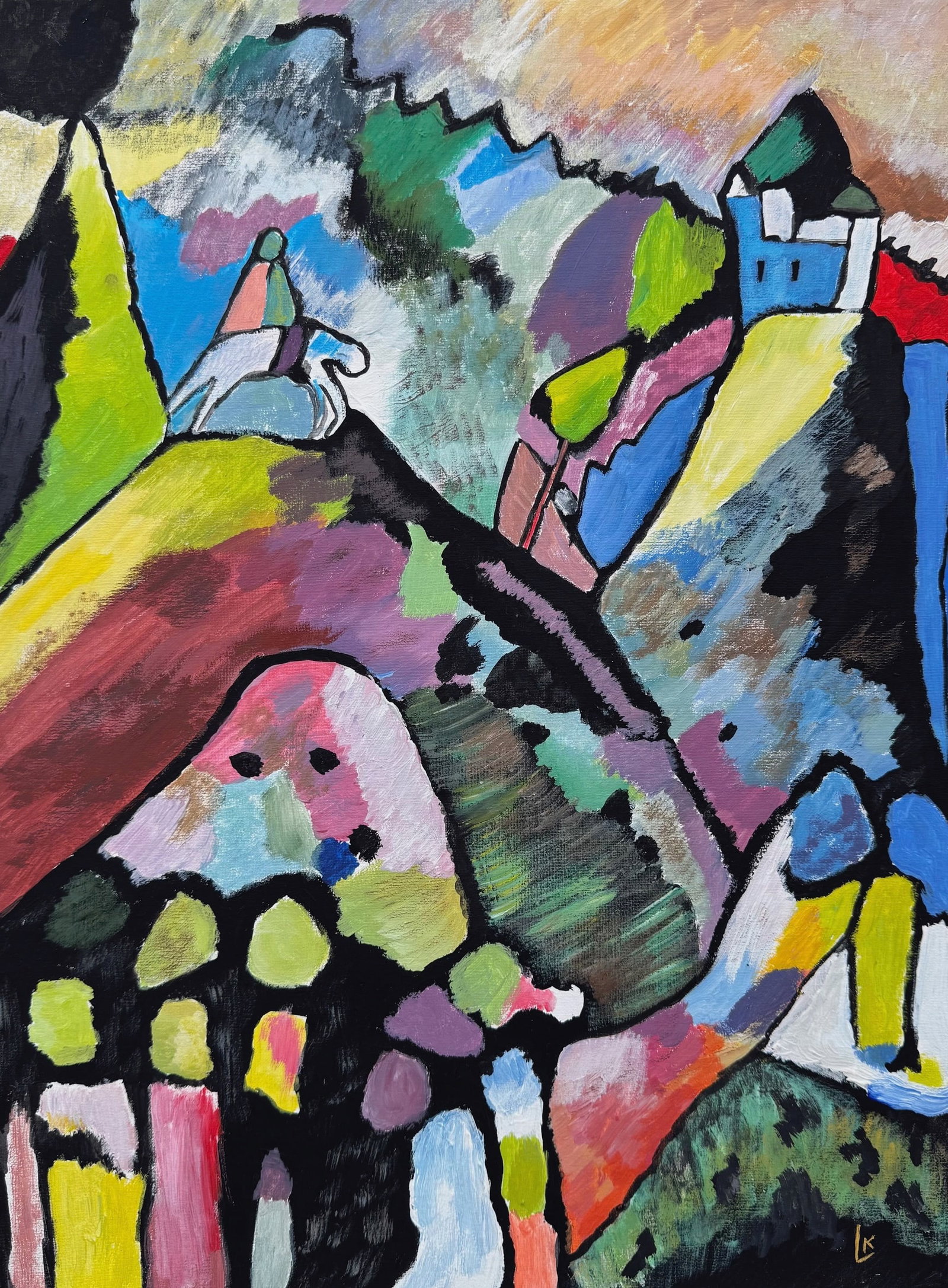 Gouache painting Wassily Kandinsky after Russian Abstract: Gouache on canvas on cardboard, painting. From a private collection. 11,6 x 15,8 in. (29,5 x 40 cm). Wassily Kandinsky (1866-1944, Russian). It is being sold in the manner or style of the artist. Depi