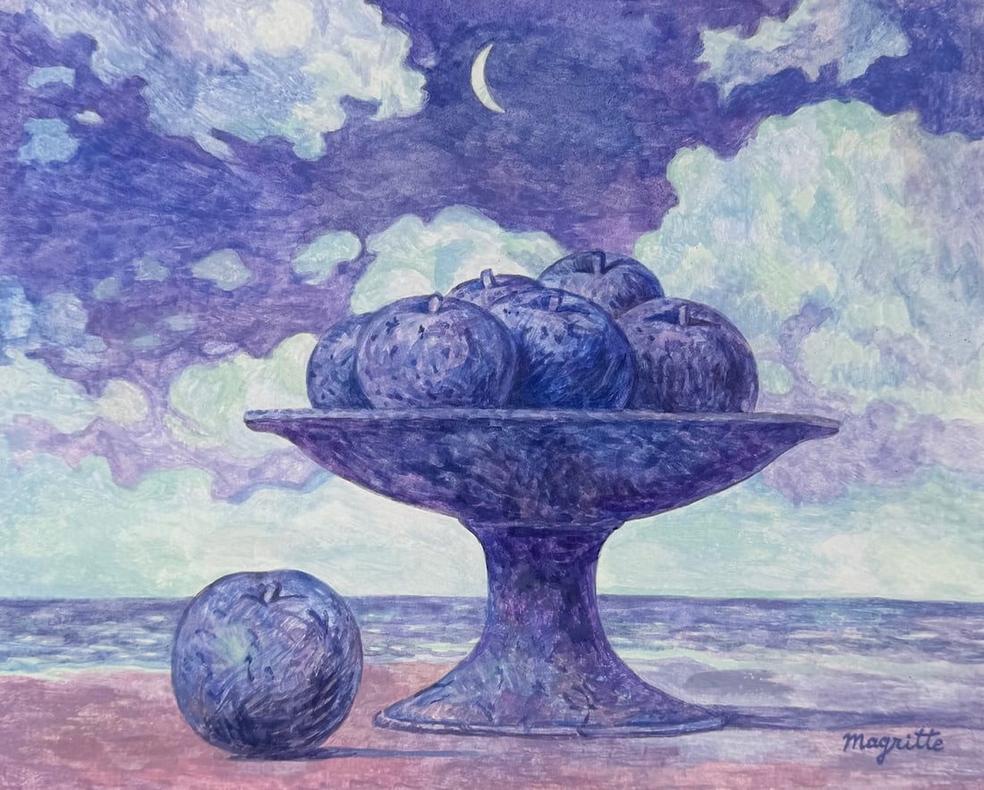 Rene Magritte after Belgian Surrealism tempera on paper: Tempera on paper, painting. From a private collection. 8,3 x 10,2 in. (21 x 26 cm). Rene Magritte (1898-1967, Belgian). It is being sold in the manner or style of the artist. Depicts a surreal composi