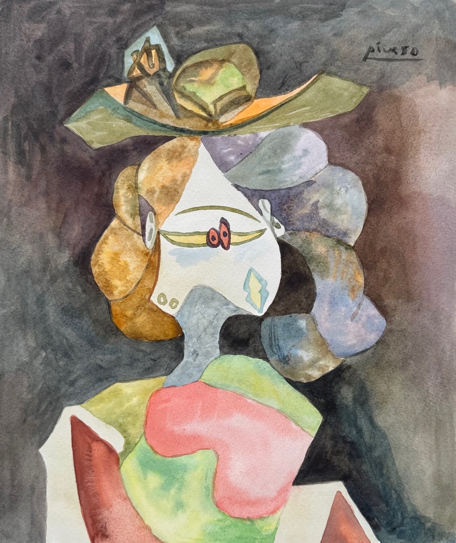 Watercolor on paper Pablo Picasso after Spanish Cubism: Watercolor on paper, painting. From a private collection. 11,6 x 14,1 in. (29,5 x 35,7 cm). Pablo Picasso (1881-1973, Spanish). It is being sold in the manner or style of the artist. The painting depi