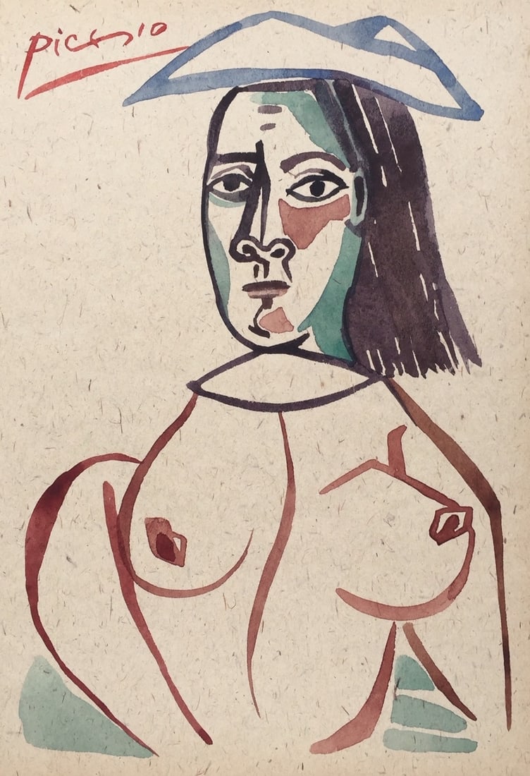 Watercolor on c/b Pablo Picasso after Spanish Cubism nude: Watercolor on thin cardboard. From a private collection. 8 x 11,6 in. (20,5 x 29,5 cm). Pablo Picasso (1881-1973, Spanish). It is being sold in the manner or style of the artist. The painting depicts 
