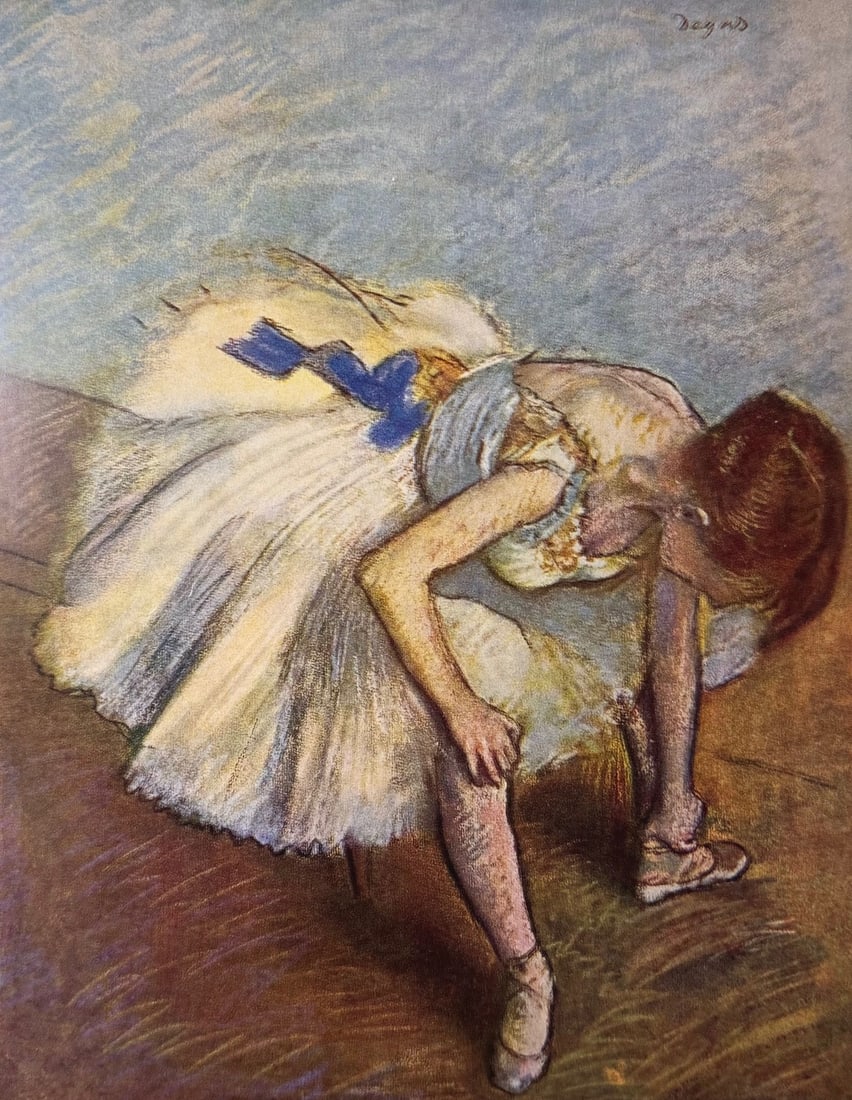 Edgar Degas vintage lithograph print French ballet dancer: Vintage fine art lithograph print "Dancer seated lacing her buskin". From a private collection. Edgar Degas (1834-1917, French). The lithograph depicts a seated dancer lacing her shoes. The lithograph