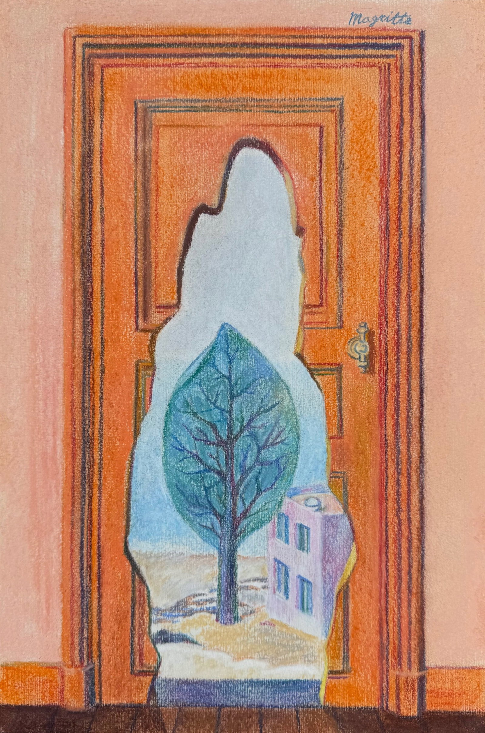 Rene Magritte pastel on paper after Belgian Surrealist door nature: Pastel on paper, painting. 7,5 x 11,2 in. (19 x 28,5 cm). Rene Magritte (1898-1967, Belgian). It is being sold in the manner or style of the artist. Depicts a surreal composition with a tree behind th