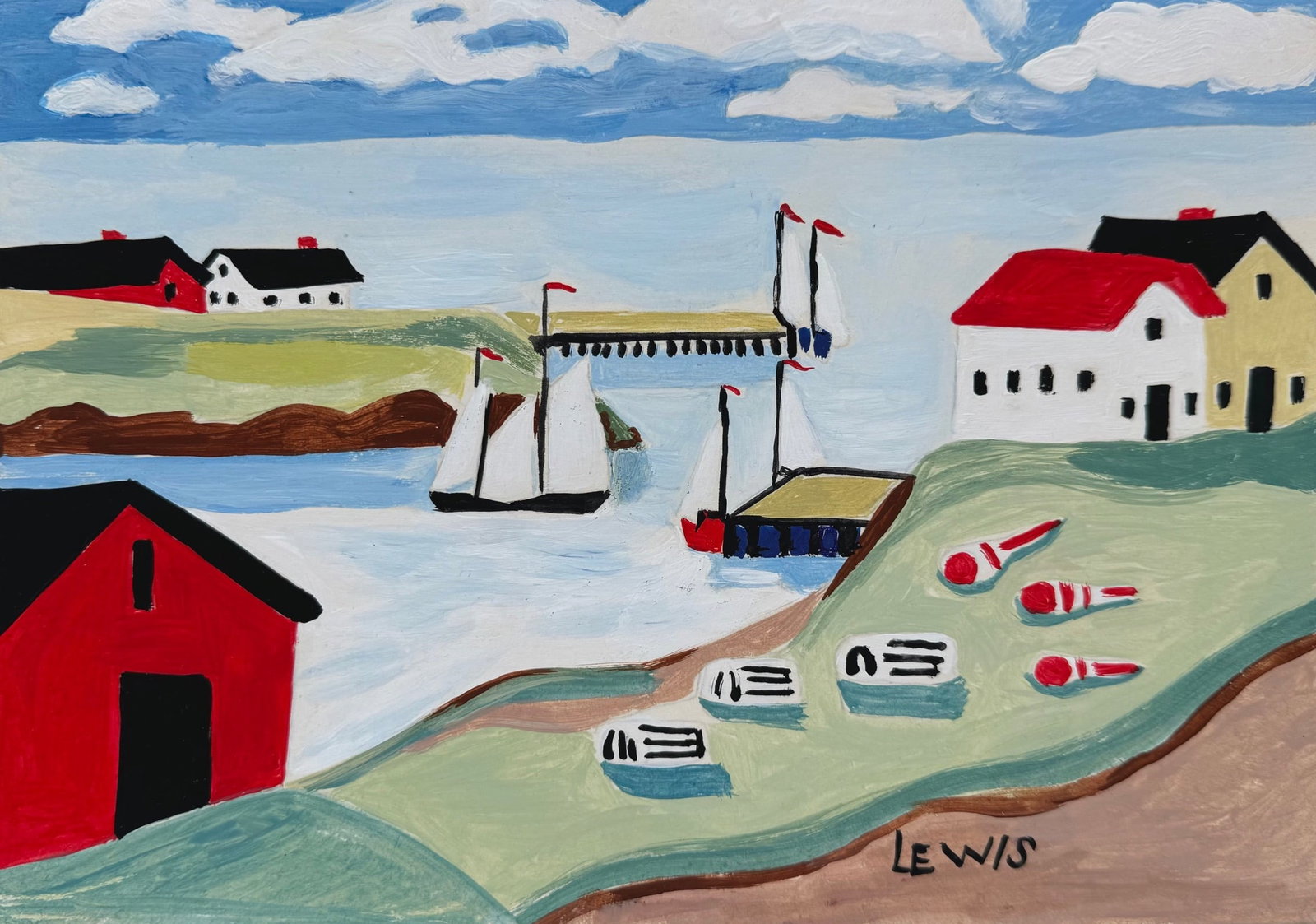 Maud Kathleen Lewis after Canadian Primitivist tempera painting landscape: Tempera on paper, painting. 6,4 x 9,1 in. (16,2 x 23 cm). Maud Kathleen Lewis (1903-1970, Canadian). It is being sold in the manner or style of the artist. Depicts a landscape with boats.