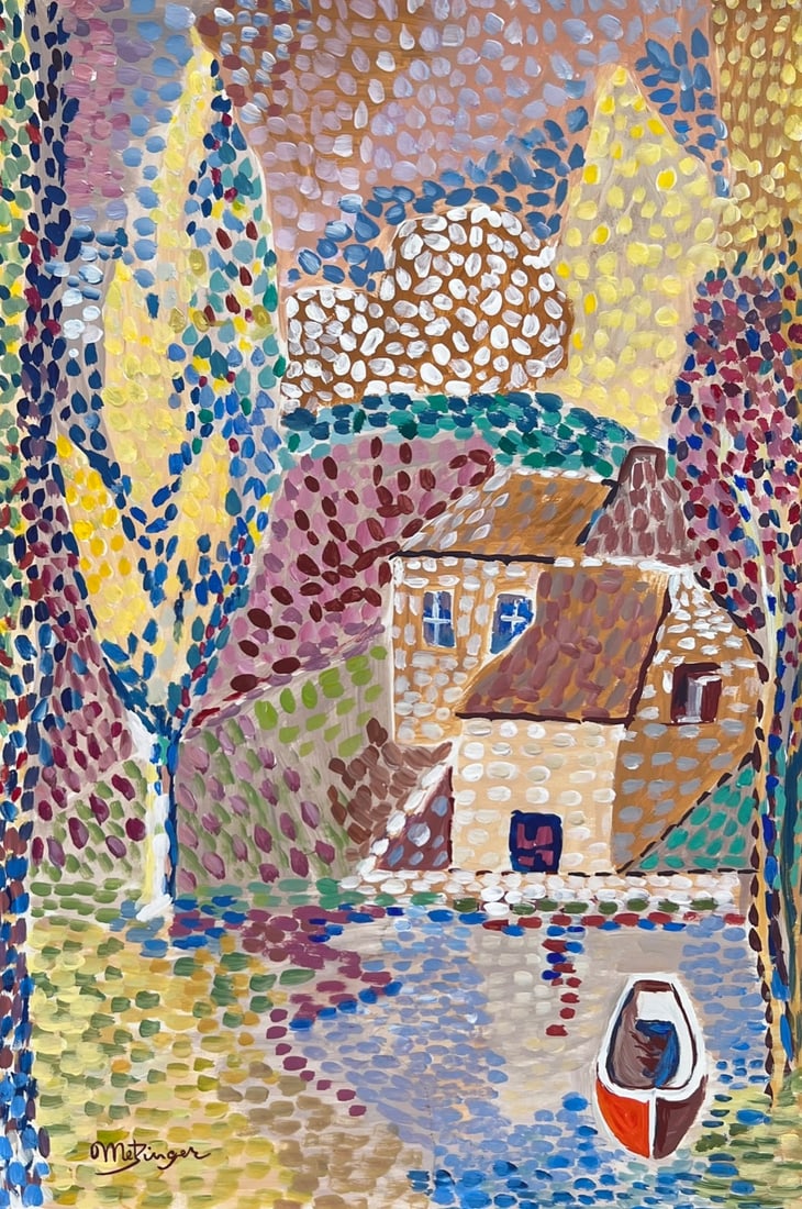 Tempera on paper Jean Metzinger after French Cubist Neo-Impressionism landscape: Tempera on paper, painting. From a private collection. Jean Dominique Metzinger (1883-1956, French). 7,7 x 11,3 in. (19,5 x 28,8 cm). It is being sold in the manner or style of the artist. Depicts a l