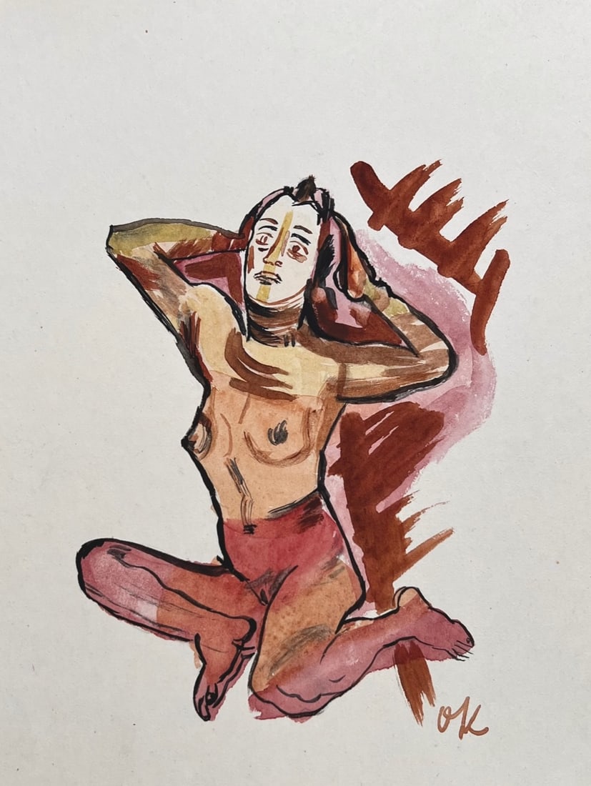Watercolor drawing signed Oskar Kokoschka Austrian Expressionist nude woman (1 of 2)
