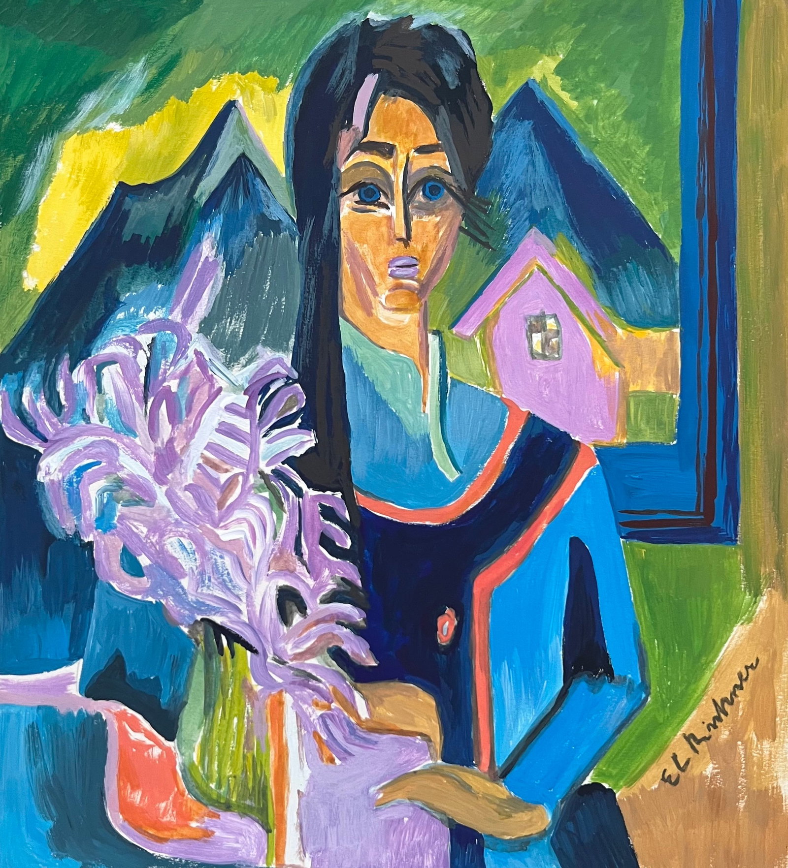 Tempera on paper Ernst Ludwig Kirchner style of Expressionist German woman portrait (1 of 2)