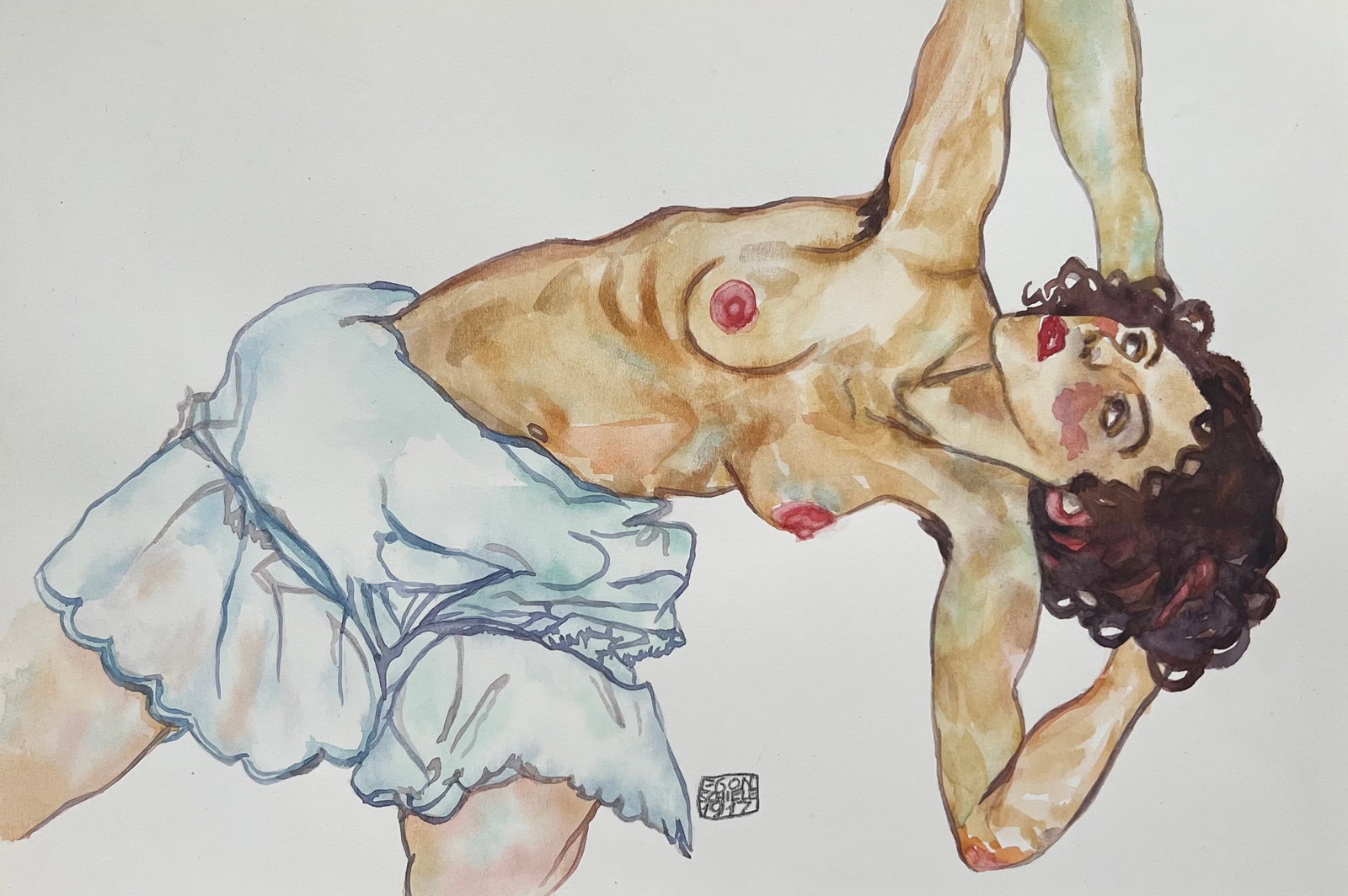 Egon Schiele after Austrian Expressionism watercolor on paper erotic woman nude: Watercolor on paper, painting. From a private collection. 8,1 x 12 in. (20,5 x 30,5 cm). Egon Schiele (1890-1918, Austrian). It is being sold in the manner or style of the artist. Depicts the body of 