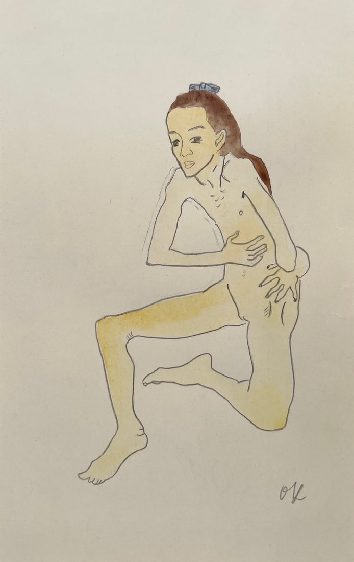 Oskar Kokoschka style of Austrian Expressionism watercolor drawing on paper (1 of 2)