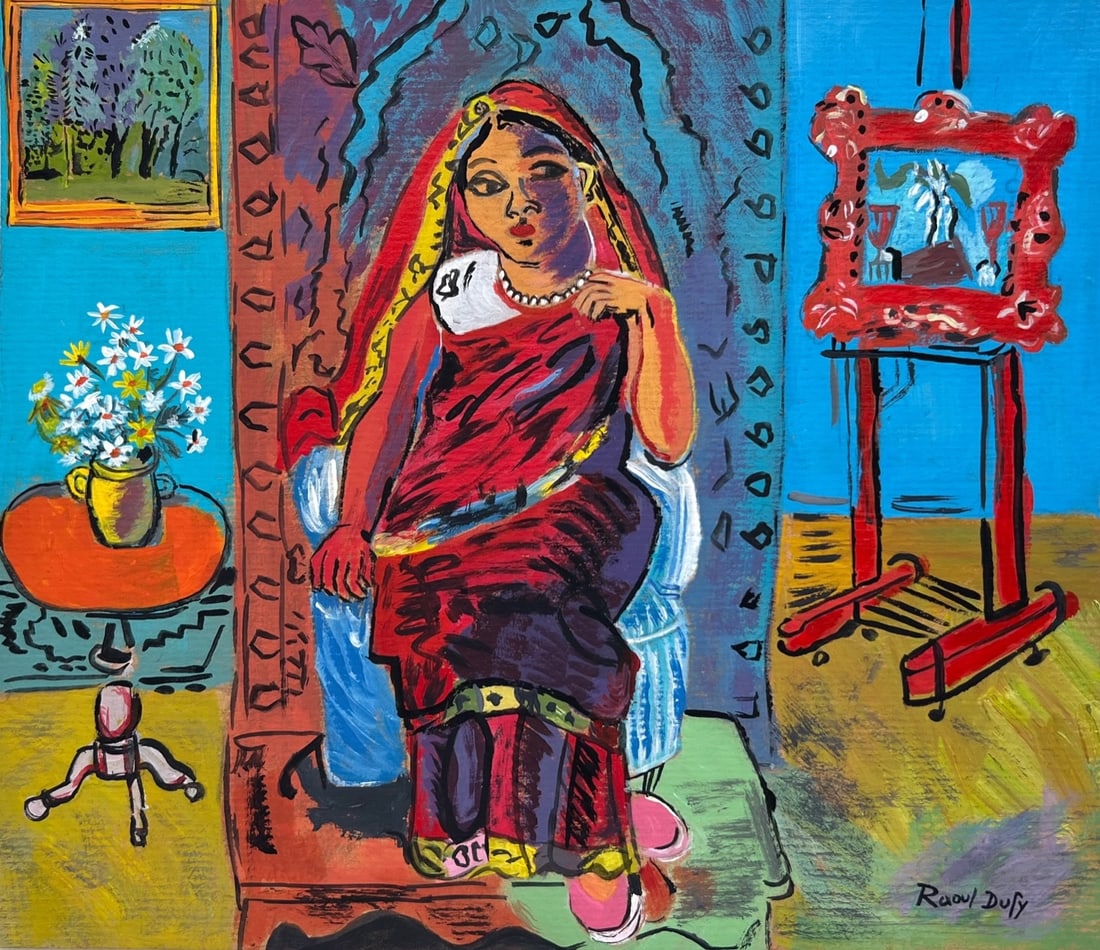 Gouache Raoul Dufy after French Post-Impressionism woman portrait interior (1 of 2)