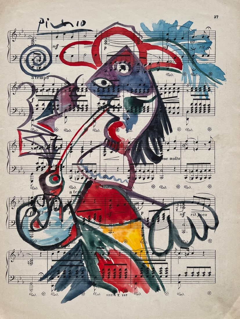 Pablo Picasso style of Spanish Cubist watercolor painting music paper musketeer: Watercolor on music paper, painting. From a private collection. 9,1 x 12,2 in. (23,2 x 31 cm). Pablo Picasso (1881-1973, Spanish). It is being sold in the manner or style of the artist. The painting d