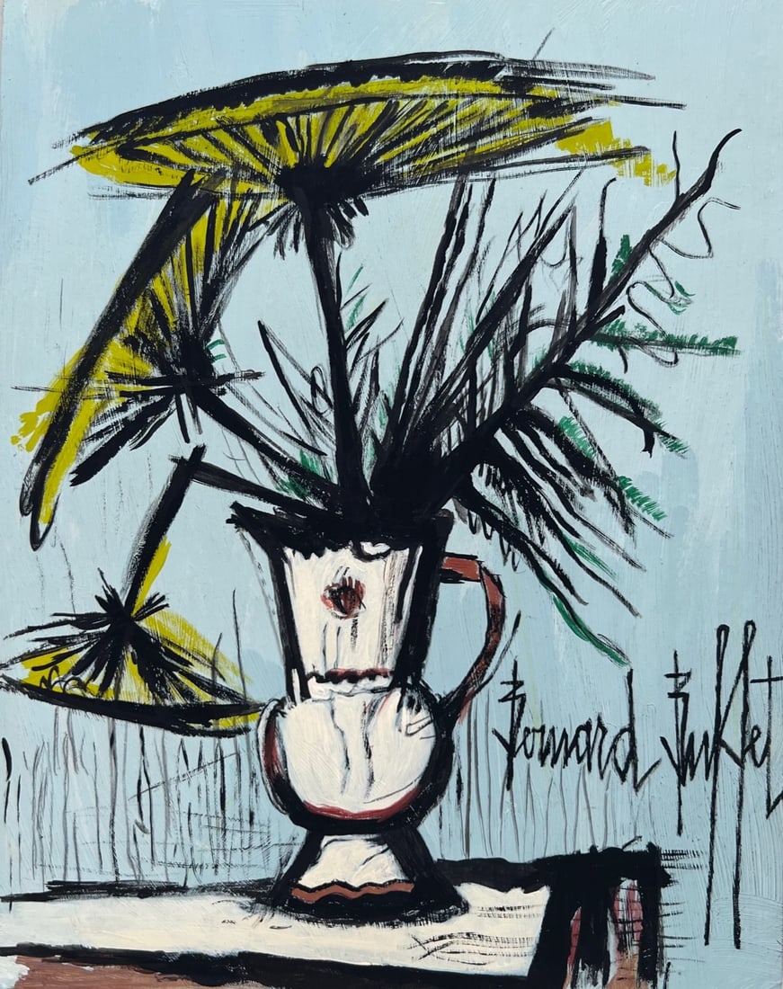 Bernard Buffet style of French Expressionist mixed media on c/b yellow flowers: Mixed media on cardboard, painting. From a private collection. 7,8 x 10 in. (19,7 x 25,5 cm). Bernard Buffet (1928-1999, French). It is being sold in the manner or style of the artist. Depicts a still