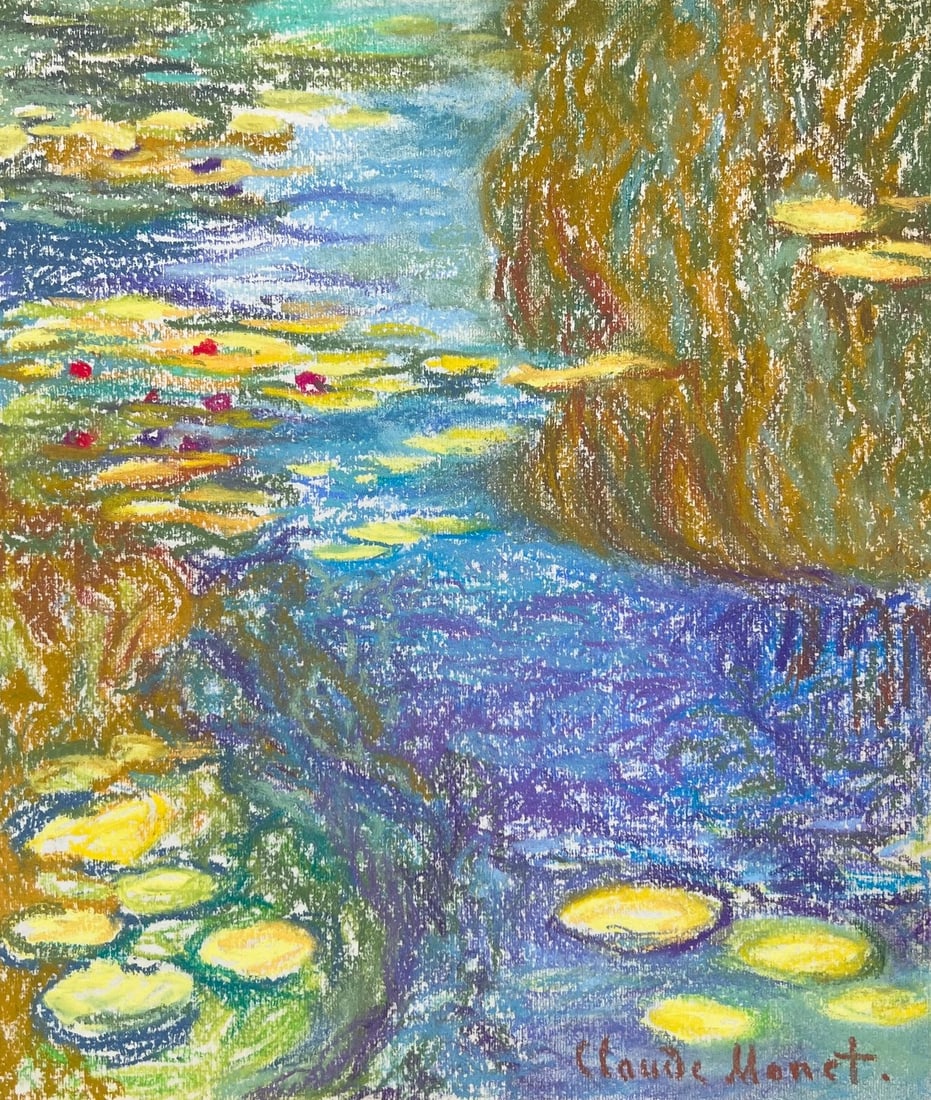 Claude Monet after French Impressionism pastel on paper water lilies: Pastel on paper, painting. From a private collection. 9,6 x 11,2 in. (24,3 x 28,5 cm). Claude Monet (1840-1926, French). It is being sold in the manner or style of the artist. Depicts a landscape with